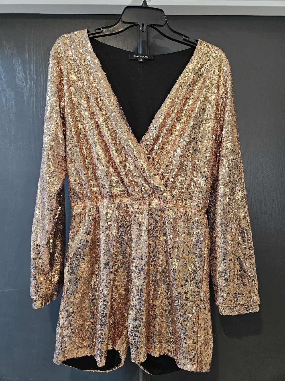 HAODUOYI Gold Sequin V-Neck Long Sleeve Romper